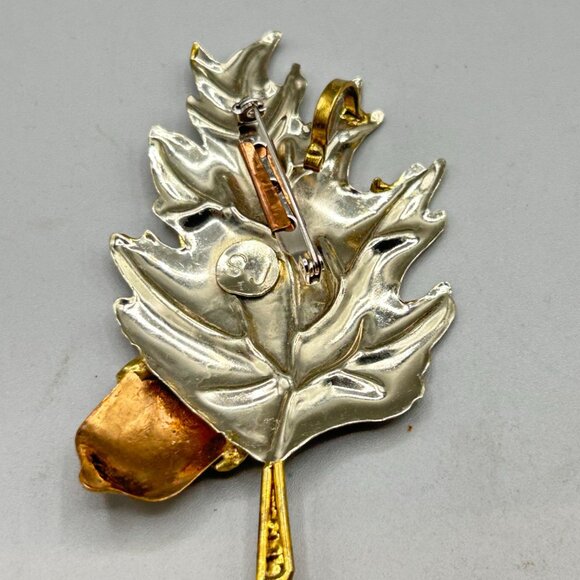 Oak Leaf Acorn Pin Brooch Brutalist Handcrafted Mixed Metals Oversized Signed SJ - Picture 4 of 7